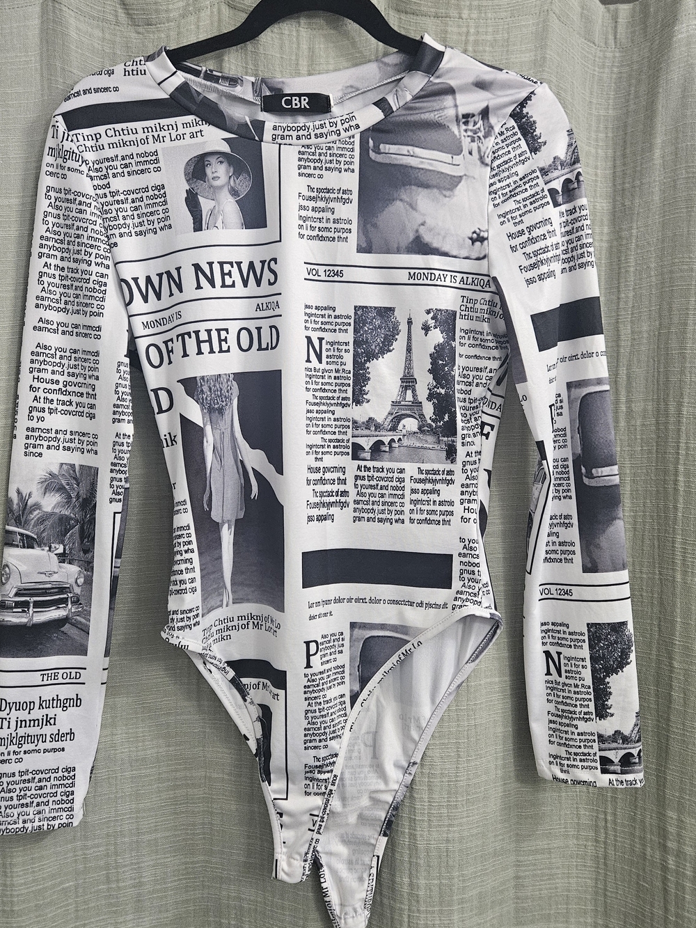 CBR Black & White Newspaper-Print Long-Sleeve One-Piece Swimsuit